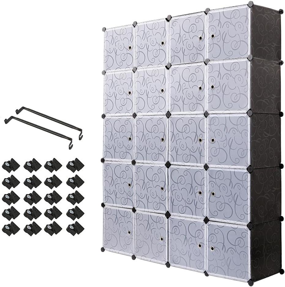 Mondeer Draagbare kledingkast, opbergrek, modulaire opbergkubus van kunststof van stabiel metaal, eenvoudige montage voor kleding, accessoires, speelgoed (zwart, 20 kubussen)