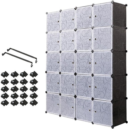 Mondeer Draagbare kledingkast, opbergrek, modulaire opbergkubus van kunststof van stabiel metaal, eenvoudige montage voor kleding, accessoires, speelgoed (zwart, 20 kubussen)