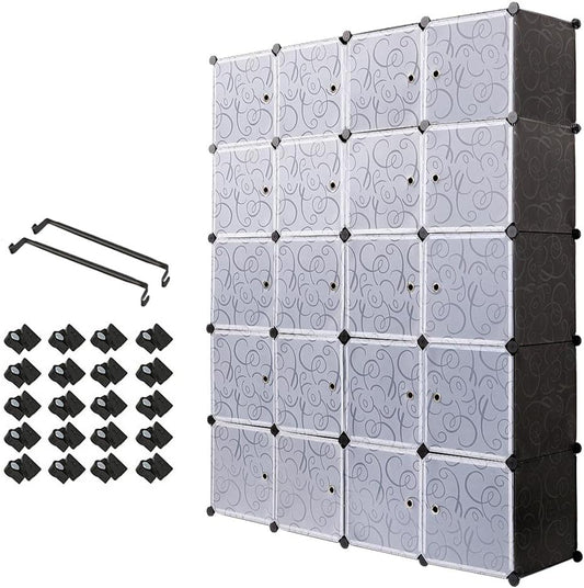 Mondeer Draagbare kledingkast, opbergrek, modulaire opbergkubus van kunststof van stabiel metaal, eenvoudige montage voor kleding, accessoires, speelgoed (zwart, 20 kubussen)