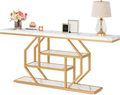 Tribesigns 180cm Extra Long Console Table, Modern Gold Behind Sofa Coffee Table with Storage, 4 Stage Entrance Table for Living Room, Hallway, Entrance, Faux Marble, White