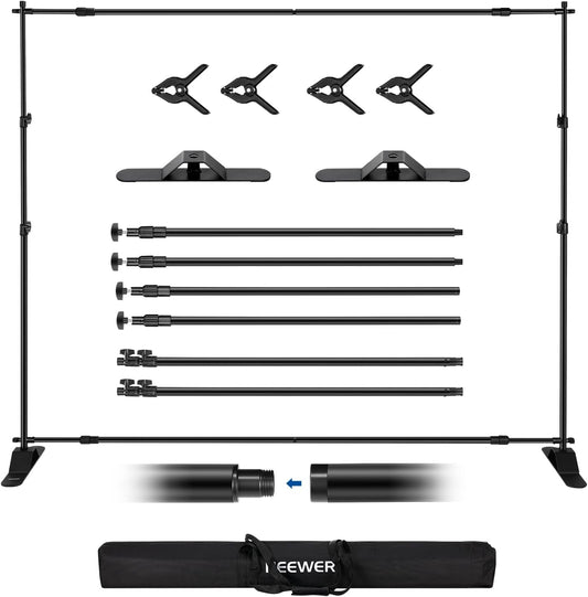 NEEWER NK-ST300 Achtergrondstandaard Heavy Duty met verbrede basis, 3 x 2,4 m achtergrondstandaard met 4 dwarsbalken, 2 telescopische stokken, 4 veerclips en draagtas voor fotoshoot studio party
