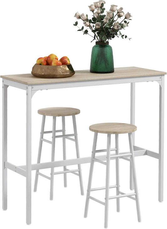 HOMCOM Bistrotafel set + 2 krukken met voetensteun, statafel, stalen frame, industrieel design, hoge keukentafel, dienblad, natuurlijke houtlook, wit