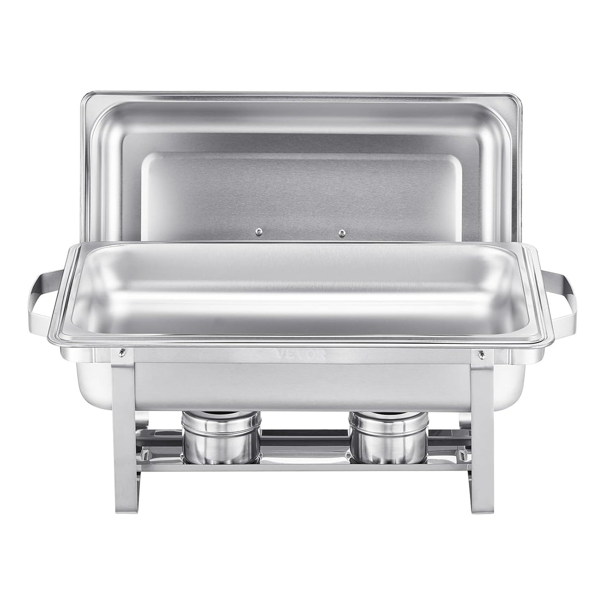 VEVOR Warmhoudplaat van roestvrij staal met 6 pannen in volledige grootte (7,5 l), rechthoekig, voor catering, met deksel en houder voor waterschaal en brandstoftank, zilver