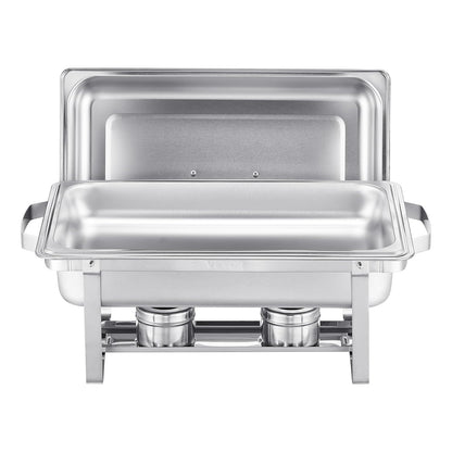 VEVOR Warmhoudplaat van roestvrij staal met 6 pannen in volledige grootte (7,5 l), rechthoekig, voor catering, met deksel en houder voor waterschaal en brandstoftank, zilver