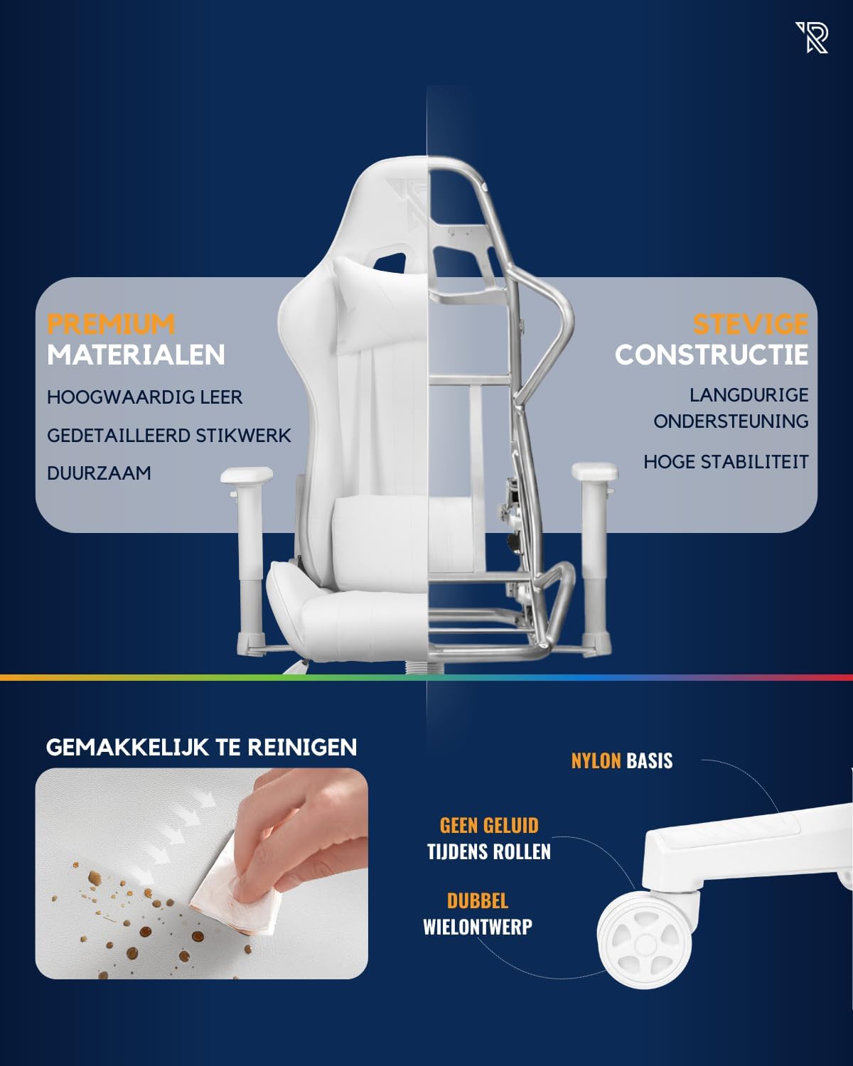 Felix gamestoel - 360° bureaustoel, Verstelbare Armleuningen, Verstelbare Rugleuning, Afneembare en verstelbare kussens, Ergonomische Gaming Chair, Stabiel Metalen onderstel, Gaming Stoel - Wit