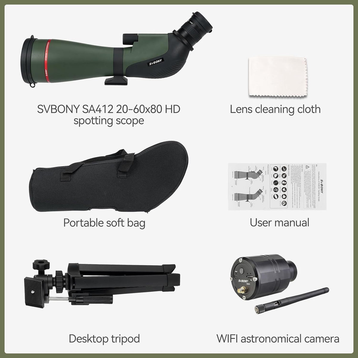 Svbony SA412 20-60x80 Spotting Scopes met WIFI-Camera, HD-Spotting Scope met Desktop Statief, Schuine Lange Afstand Spotter Scope, FMC Waterdichte Mistbestendige Spotting Scope voor Doelschieten