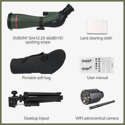 Svbony SA412 20-60x80 Spotting Scopes met WIFI-Camera, HD-Spotting Scope met Desktop Statief, Schuine Lange Afstand Spotter Scope, FMC Waterdichte Mistbestendige Spotting Scope voor Doelschieten