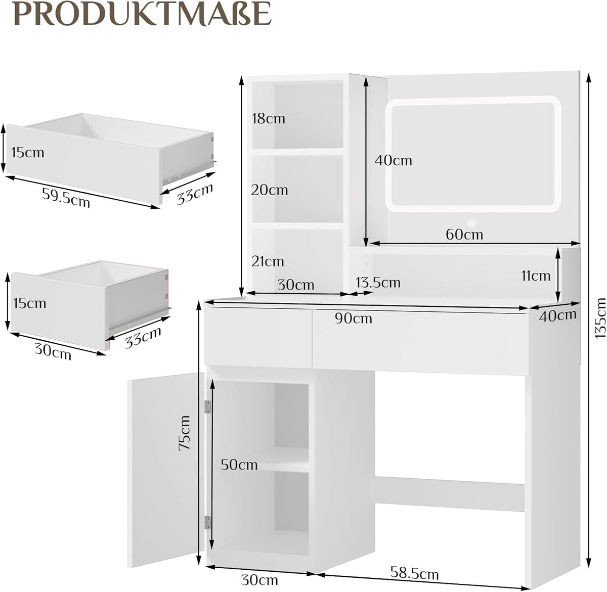 Devoko Makeup Table with Mirror, Adjustable LED Lights, Adjustable Shelves with 2 Drawers, Dressing Table, Modern White Wood Dressing Table - QUORE