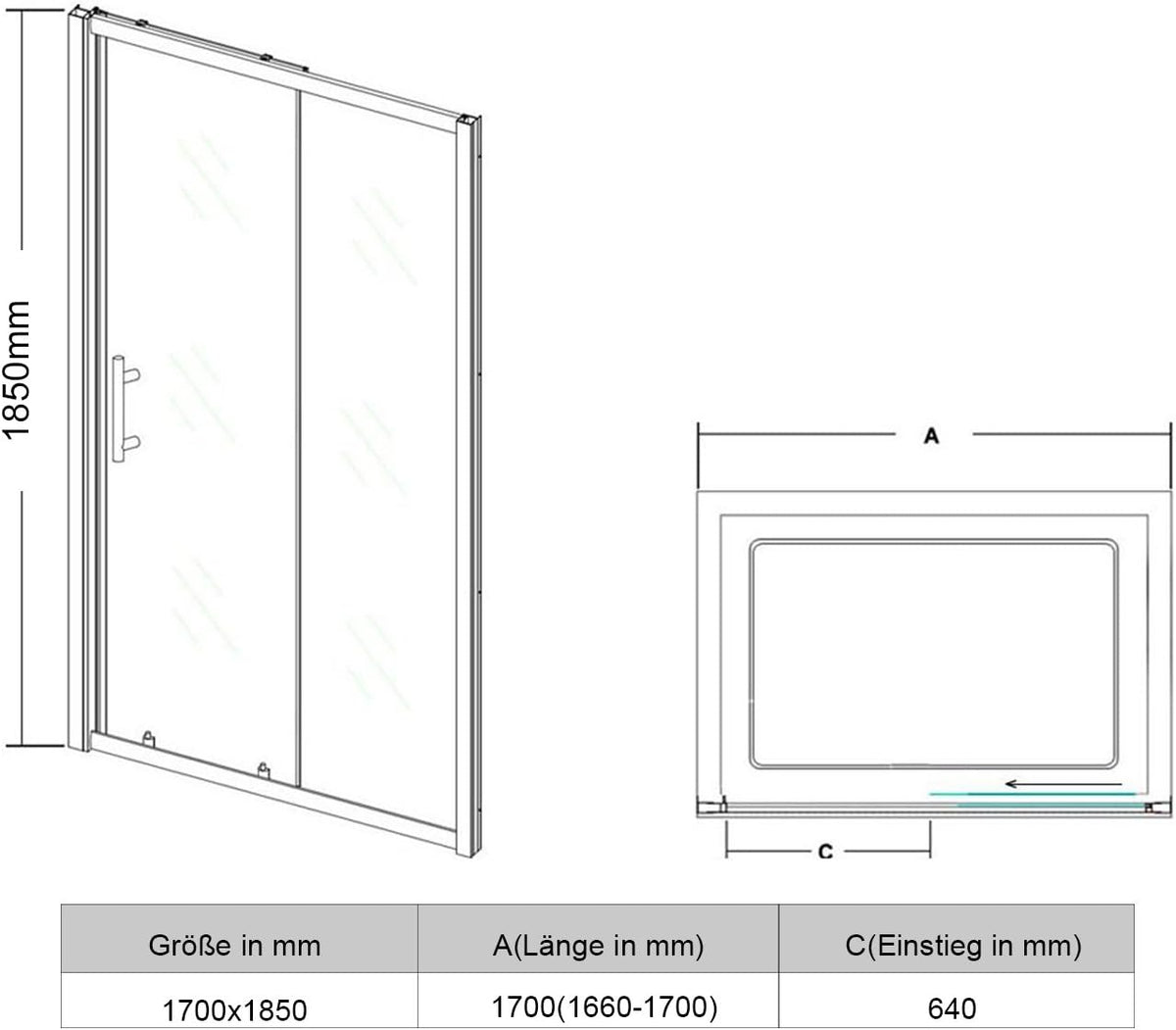 Douchecabine – Douchewand – Douchedeur – Glasschiebetür – Schuifdeur – 170 x 185 cm – 5 mm Gehard Veiligheidsglas – Verstelbaar Aluminium Frame
