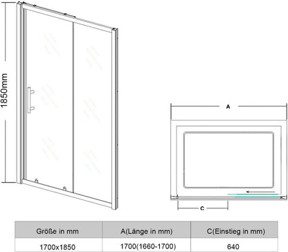 Douchecabine – Douchewand – Douchedeur – Glasschiebetür – Schuifdeur – 170 x 185 cm – 5 mm Gehard Veiligheidsglas – Verstelbaar Aluminium Frame