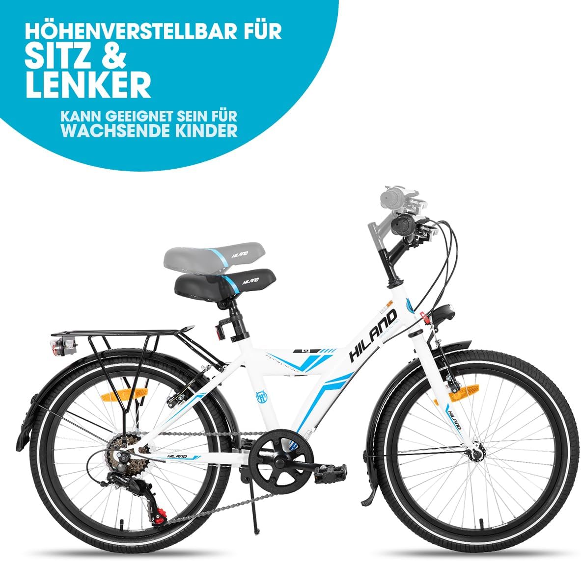 Hiland Mountainbike, 16/18/20 inch, voor jongens en meisjes vanaf 4, 5, 6, 7, 8, 9 jaar, lichte bagagedrager, steunwielen/standaard, zwart/wit
