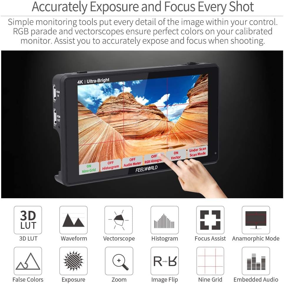 FEELWORLD LUT6 2600Nit Video Field Monitor 6 Inch TouchScreen Camera Monitor with 3D LUT, HD 1920x1080 IPS,4K HDMI Input/Loop Output,HDR Waveform,Focus Video Assist for DSLR - QUORE