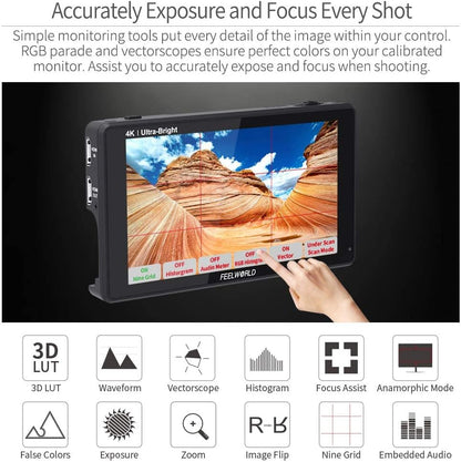 FEELWORLD LUT6 2600Nit Video Field Monitor 6 Inch TouchScreen Camera Monitor with 3D LUT, HD 1920x1080 IPS,4K HDMI Input/Loop Output,HDR Waveform,Focus Video Assist for DSLR - QUORE