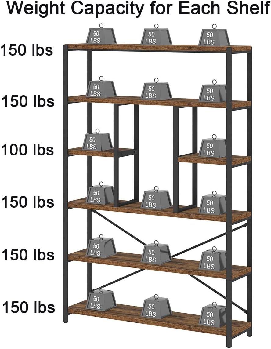 LVB Rustieke boekenkasten en boekenplanken, metalen hout 6-laags boekenplank en boekenrek opslag, industriële verticale weergave Etagere boekenkast 6 planken, vintage grote boekenplank voor slaapkamer
