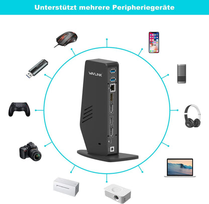 WAVLINK USB 3.0 / USB C Universal Docking Station ondersteunt dubbele 4K-video-uitvoer (2 DisplayPort-poorten en 2 HDMI, Gigabit Ethernet, 5 USB3.0-poorten, 2-in-1 audio) vanaf laptop, pc of Mac