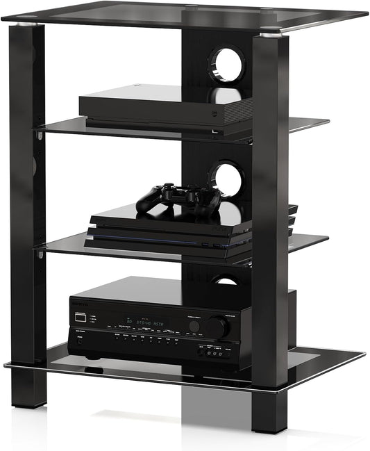 FITUEYES TV Rack HiFi Shelf Audio Cabinet Glass and Aluminum Height Adjustable Shelf AS406003GB - QUORE