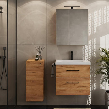 Planetmöbel bathroom furniture set washbasin with vanity unit 63 x 60 x 36.5 cm, mirror cabinet 60 cm with LED lighting (matt black) & socket, with midi cabinet, gold oak - QUORE