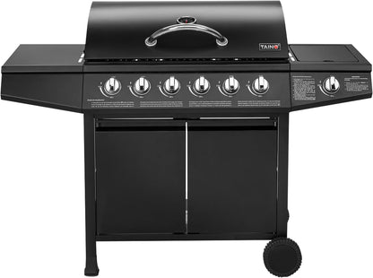 TAINO Basic BBQ Gas Grill, Grill Cart, Stainless Steel Burner + Side Burner, Grill (Basic 6+1 Gas Grill) - QUORE