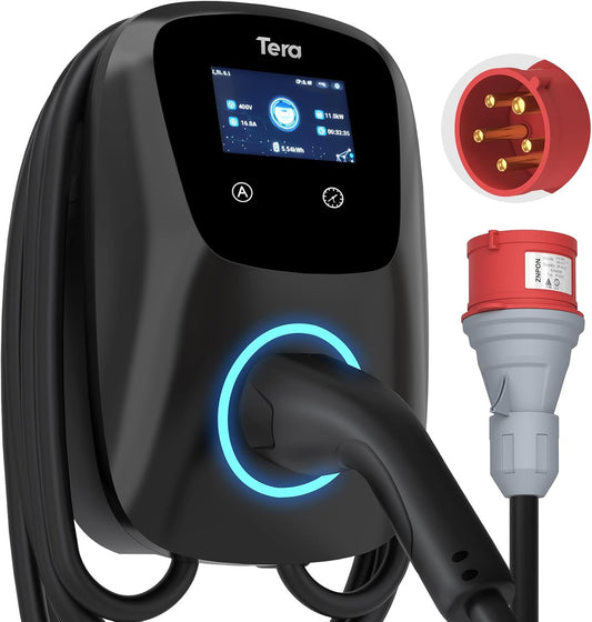 Tera EV Oplader type 2, 11 kW, voor thuisgebruik, CE- en TÜV-gecertificeerd, uitgerust met app/WLAN/Bluetooth, met 7 m oplaadkabel, CEE-stekker, zwart