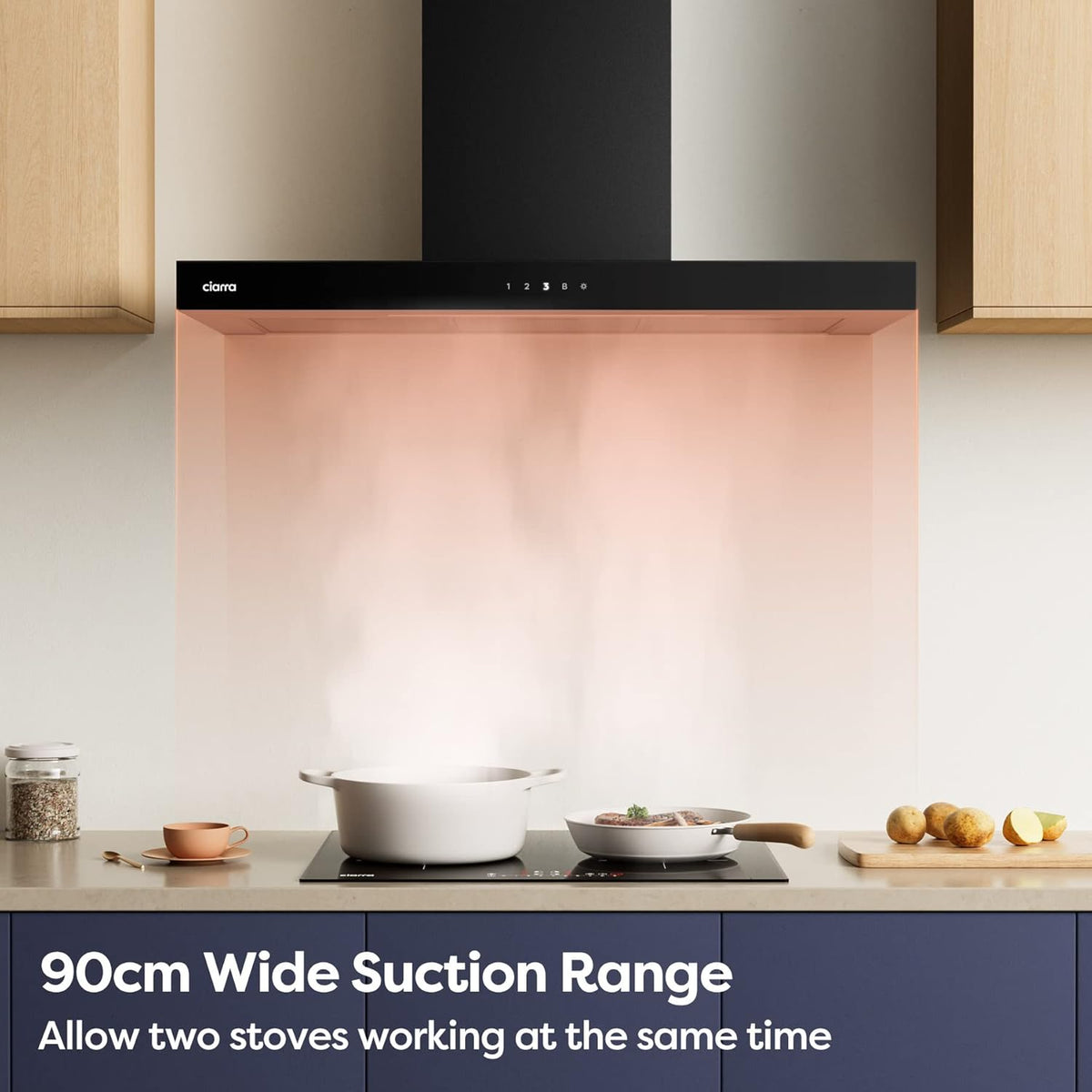 CIARRA CBCB9102 A+++ Afzuigkap 90cm 650 m³/h - Touch Control en Wifi - 4 Snelheden met Booster,afvoerstand en recirculatie afzuigkap met koolstoffilter CBCF003 - Roestvrij Staal