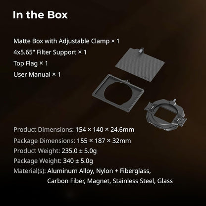 SMALLRIG Matte Box (LITE) Snelontgrendeling met Verstelbare Klem van 67 mm - 82 mm (2,6-3,2 inch), Geen Vignettering Compact Ontwerp met 4 x 5,65" Filterframe, voor DSLR Spiegelloze Camera - 4409