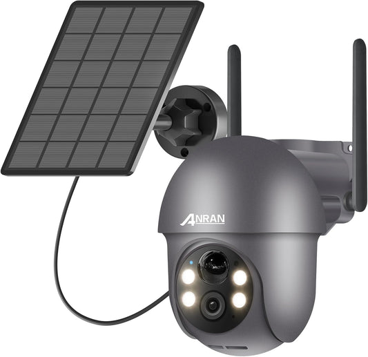 ANRAN 2K HD Bewakingscamera Batterij Buiten Wi-Fi, 360 Graden Draaibare Draadloze Bewakingscamera met Zonnepaneel, PIR Bewegingsdetector met Overstromingslicht, 2-Weg Audio, Nachtzicht, Q01 Grijs