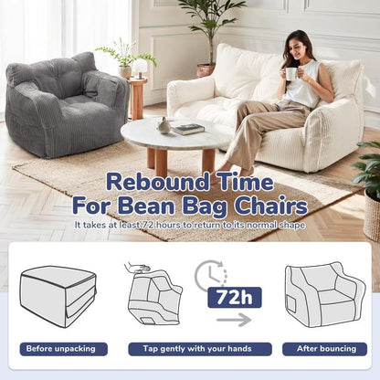 Pamapic Zitzak, grote zitzakstoel met vulling, 2-zitsbank met draagbaar handvat, moderne ergonomische zitzak voor volwassenen, comfortabele stoel voor woonkamer, slaapkamer, speelkamer, beige