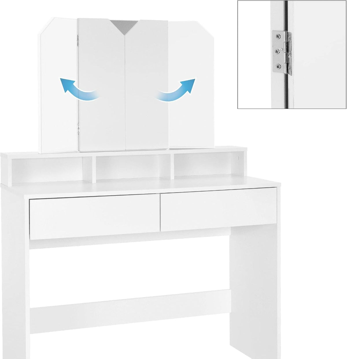 ML-Design Makeup Table with Folding Mirror and Stool, 100 x 40 x 140 cm, Modern White, with 2 Drawers, 3 Open Compartments, Dressing Table, Wooden Pane, Bedroom - QUORE