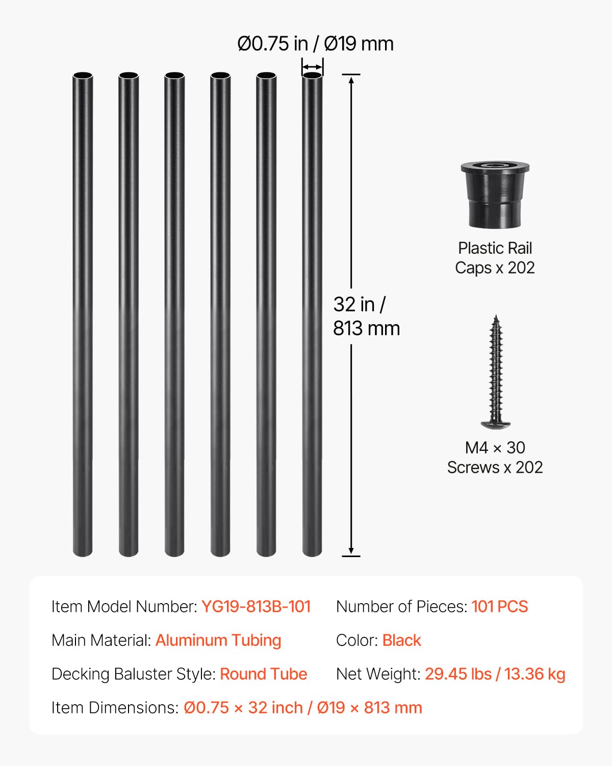 VEVOR Baluster Set of 101, φ19 x 813 mm Aluminium Stair Baluster, Round Rod, Decorative Rod, Hollow Ceiling Rail with Handrails and Screws for Stairs, Porch, Patio, Fence, Black