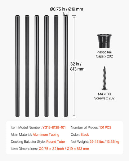 VEVOR Baluster Set of 101, φ19 x 813 mm Aluminium Stair Baluster, Round Rod, Decorative Rod, Hollow Ceiling Rail with Handrails and Screws for Stairs, Porch, Patio, Fence, Black