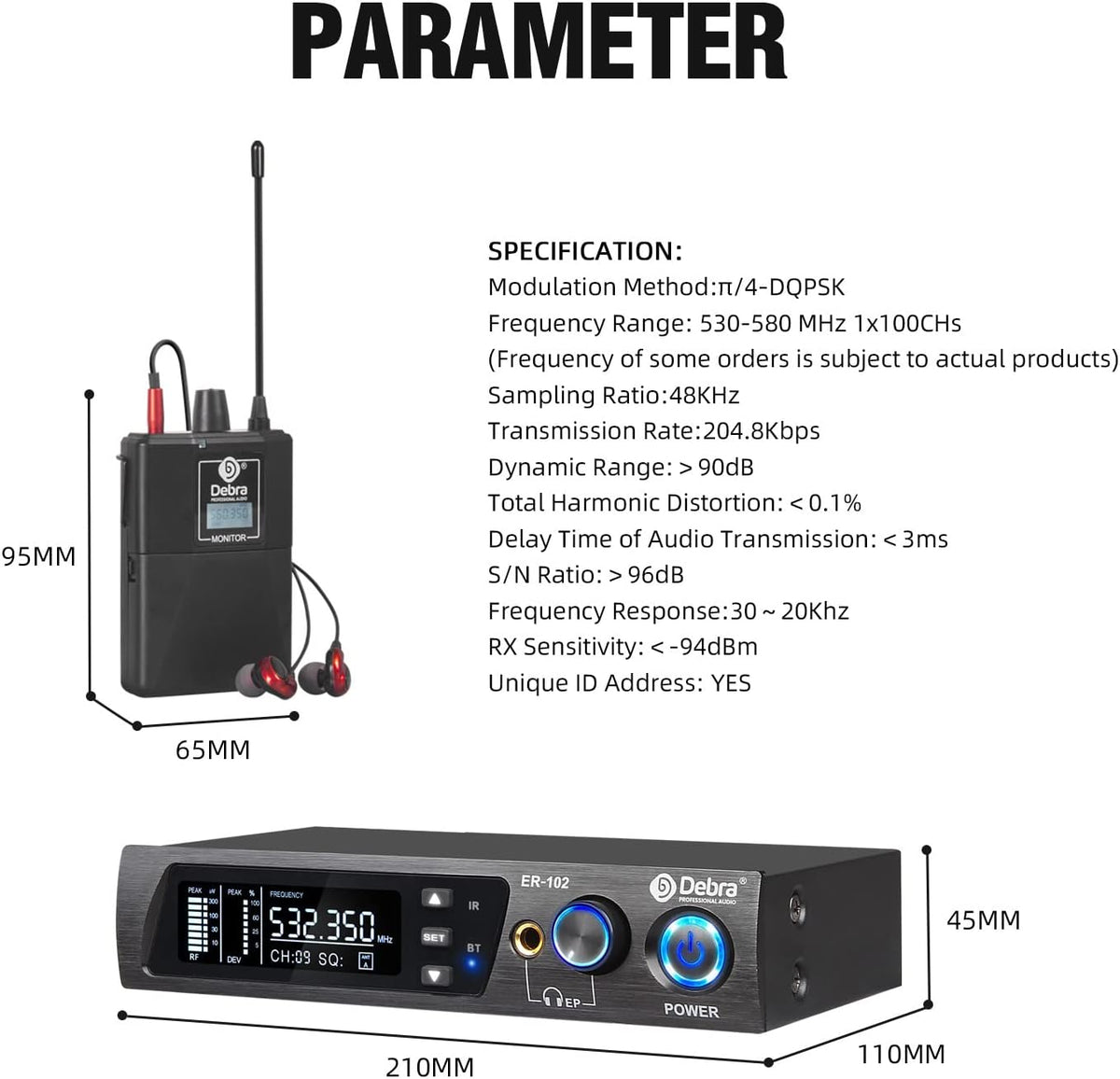D Debra PRO ER-102 UHF Draadloze In-ear Monitor - Enkel Kanaal met Zender & Ontvanger voor Podium, Studio, Muzikanten (1 Bodypack)