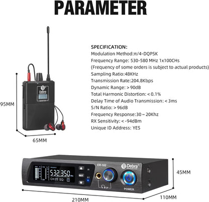 D Debra PRO ER-102 UHF Draadloze In-ear Monitor - Enkel Kanaal met Zender & Ontvanger voor Podium, Studio, Muzikanten (1 Bodypack)