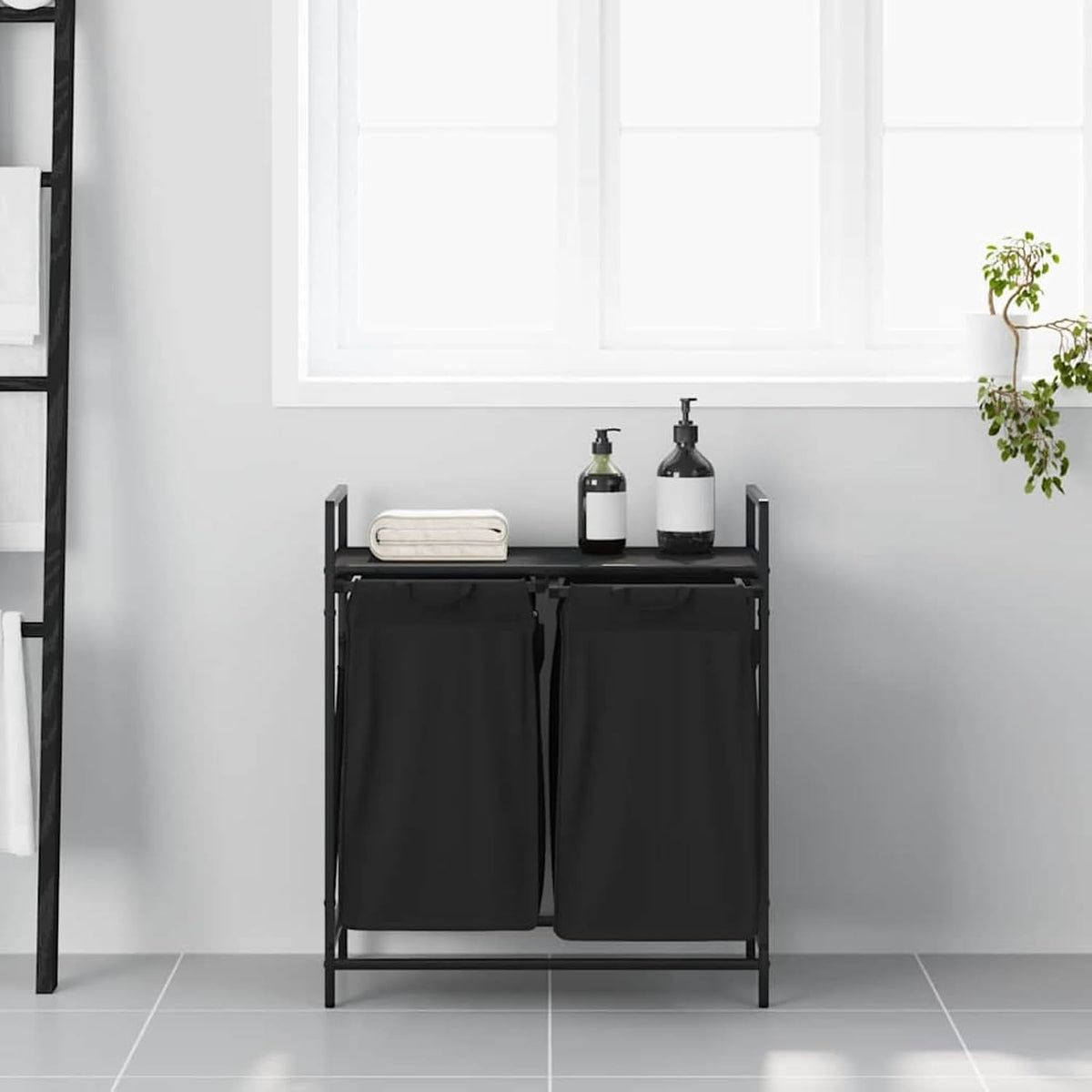 Gecheer Laundry basket 2 compartments with shelf black oak look, laundry basket laundry basket laundry basket for baby clothes bedding shoes 859065 - QUORE