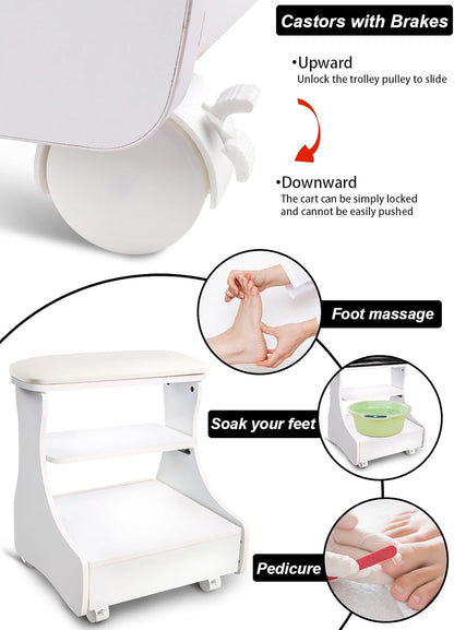 Pedicure voetsteun met wielen Wit – Voetenbankje – Manicure voetensteun – Voetrust – Pedicurehulp – 3-laags ontwerp met opbergruimte – 4 zwenkwielen met rem