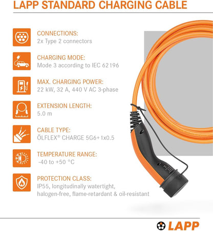 <font dir="auto" style="vertical-align: inherit;"><font dir="auto" style="vertical-align: inherit;">        LAPP MOBILITY Type 2 charging cable 22 KW 5m - 32a charging cable E car 3-phase - IP55 protected charging cable mode 3 - charging cable type 2 with