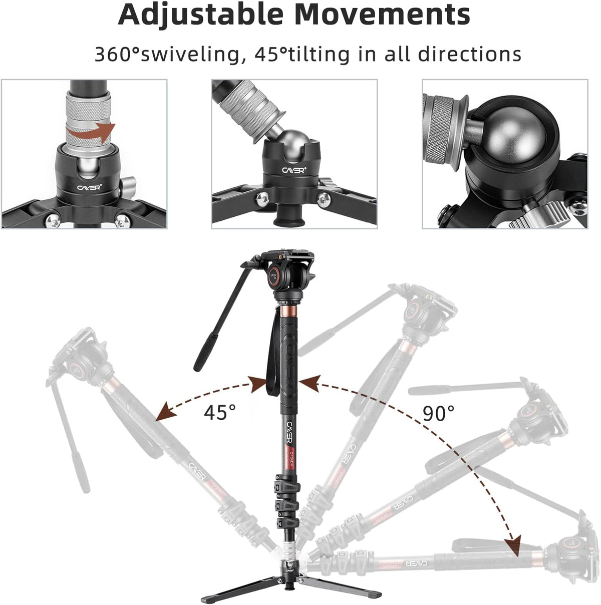 Cayer CF34DVH4 Professionele Video Monopod voor 71 "Carbon Fiber Telescopische Camera met Swivel Head en Tripod Base voor DSLR Camcorders Camcorders