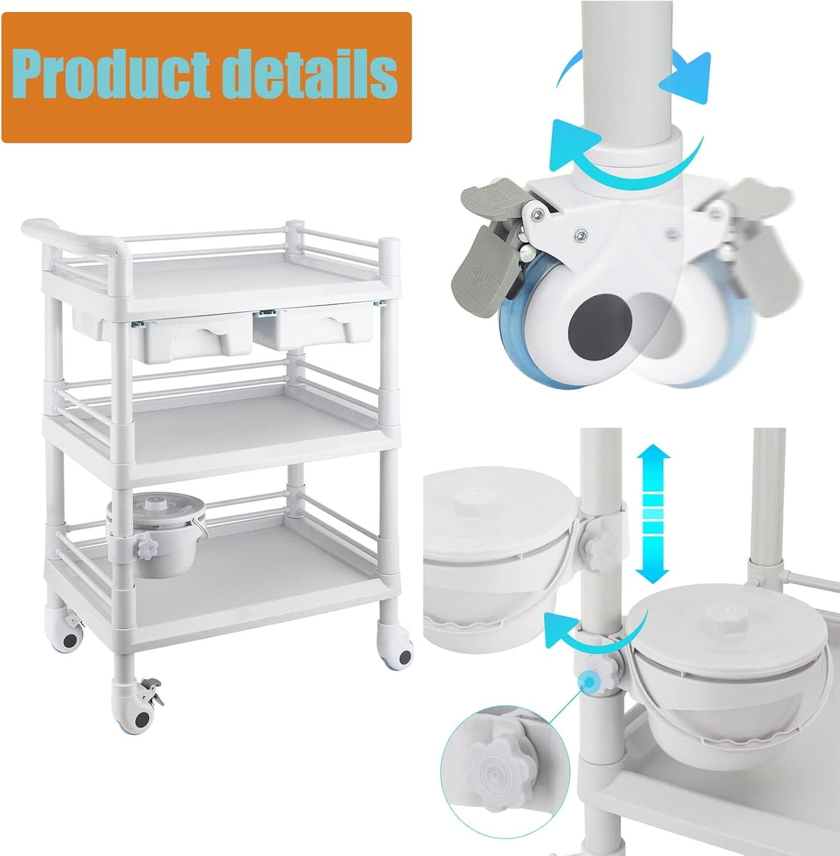 Rolling Utility Cart,Qiwey Grote Medische Utility Cart met 2 Laden,3-Tier Esthetician Cart met Wielen voor Schoonheidssalon SPA Commerciële Ziekenhuis Kantoor Lab Cart Wit