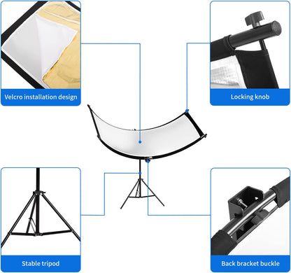 4-in-1 Portretreflector – U-vorm Reflector – Gebogen Reflector – Beautyreflector – Fotoreflector – 60 x 180 cm – Inclusief 200 cm Lichtstatief