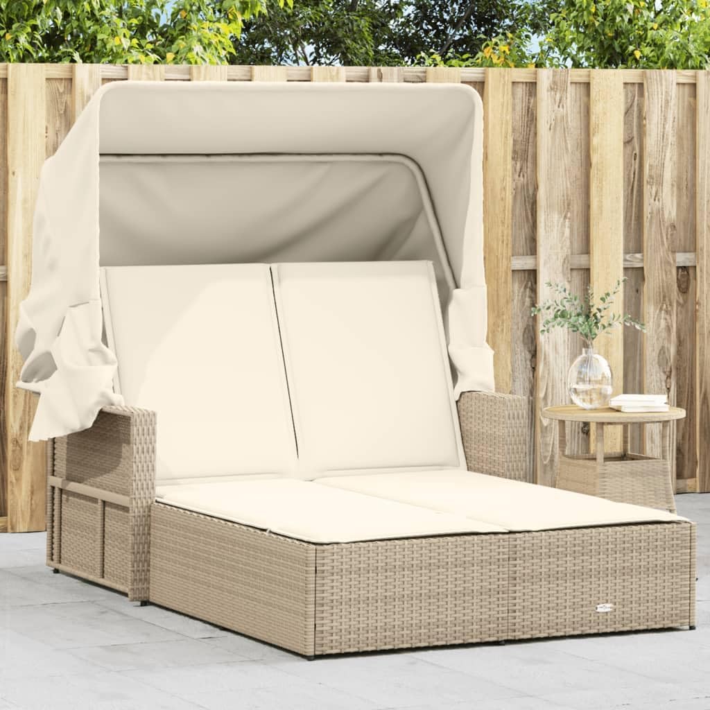 Outdoor Lounger with Retractable Roof and Padded Cushions, Adjustable Backrest in 2 Positions, Durable and Washable PE Rattan Material, for Garden or Patio - QUORE