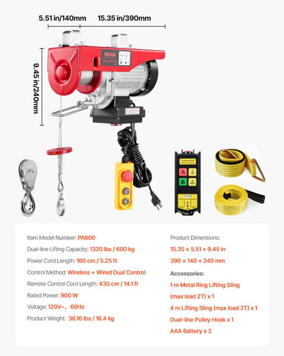VEVOR Electric Hoist with Double Cable, Max Load 600kg, Cable Remote Control 4.2m, Single Cable Lifting Height 12m, Pulley Emergency Stop, Jack for Garage, Warehouse, Factory