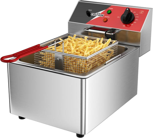 CROSSON Elektrische Friteuse 6L,230V/3000W Elektrische Friteuse met Mand en Deksel,Temperatuurregeling 80-200°C,voor Restaurantkeuken