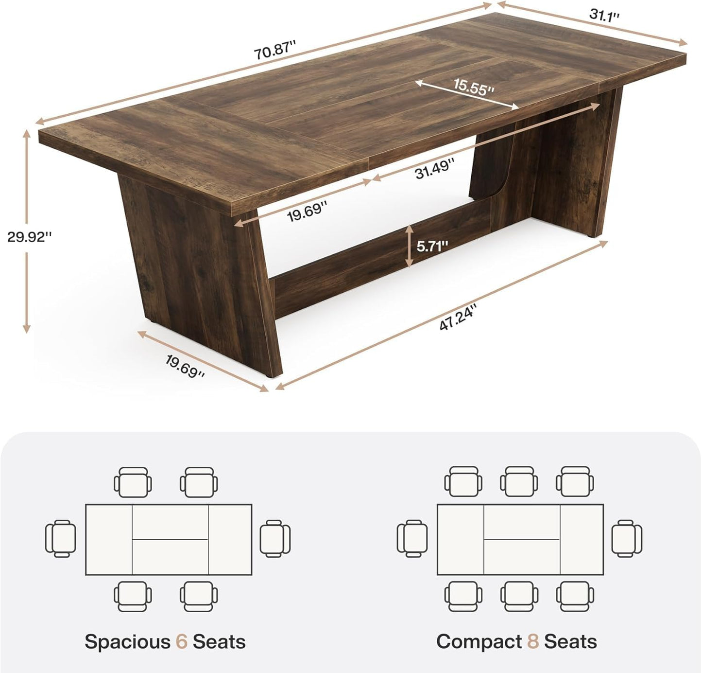 Lailang 180cm Eettafel, Eetkamertafel Rechthoekige, Industrial Dining Table, Houten Eettafel, Dining Table For 6 8, Large Dining Room Table, 180 x 80 x 76 cm, Rustic Brown