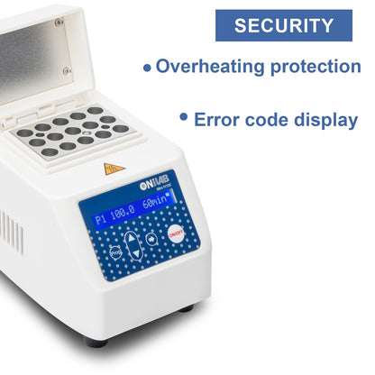 ONiLAB Mini Dry Bath incubator, 15 x 1,5 ml aluminium verwarmingsblok, lcd-display, timerbediening, up to 100 C, 0,5 C nauwkeurigheid, 9 programma's in het geheugen, snelkalibratiefunctie