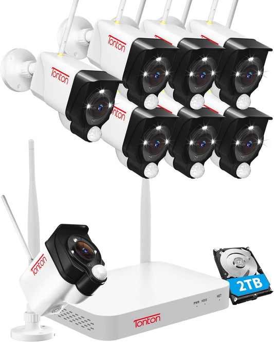 (Kleurennachtzicht) Tonton 5MP WLAN Bewakingscameraset 10CH Draadloze NVR 8PCS 3MP WLAN Buiten Bewakingscamera PIR AI Persoon/Voertuigdetectie Intercom Werk met Alexa 1TB HDD