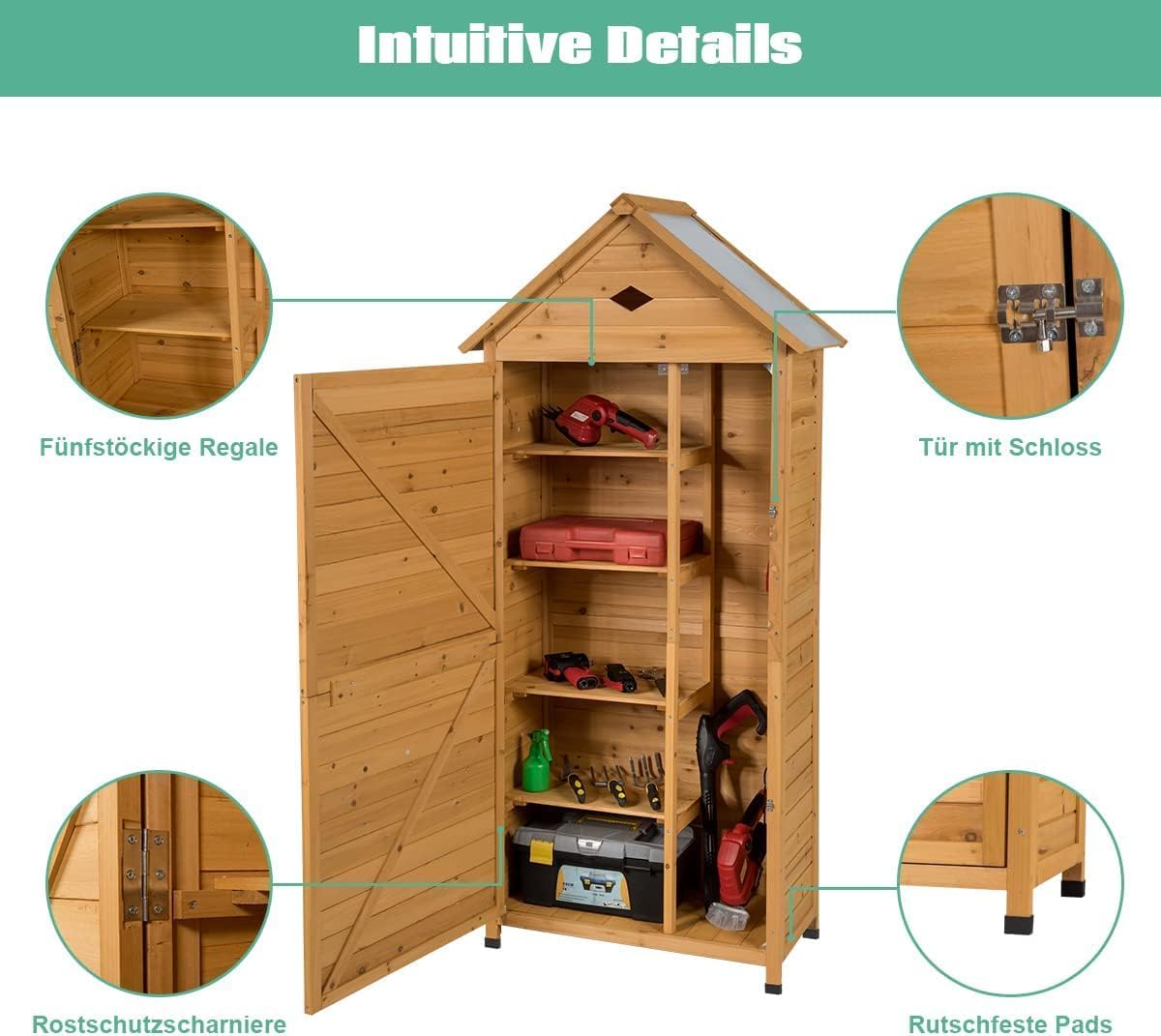 FANTASK 177 x 80 x 45 cm garden cabinet wood, tool shed tool cabinet, garden tool shed, weatherproof, garden shed, tool cabinet, wooden shed with gable roof - QUORE