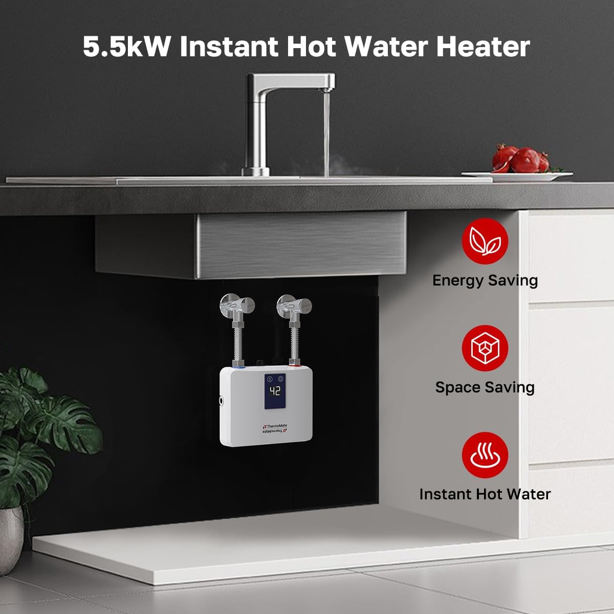 ThermoMate Mini doorstroomboiler elektrisch, 5,5 kW On Demand direct-warmwatervoorziening voor de wastafel, zelfmodulerend, energiebesparend, ruimtebesparend, zonder stekker