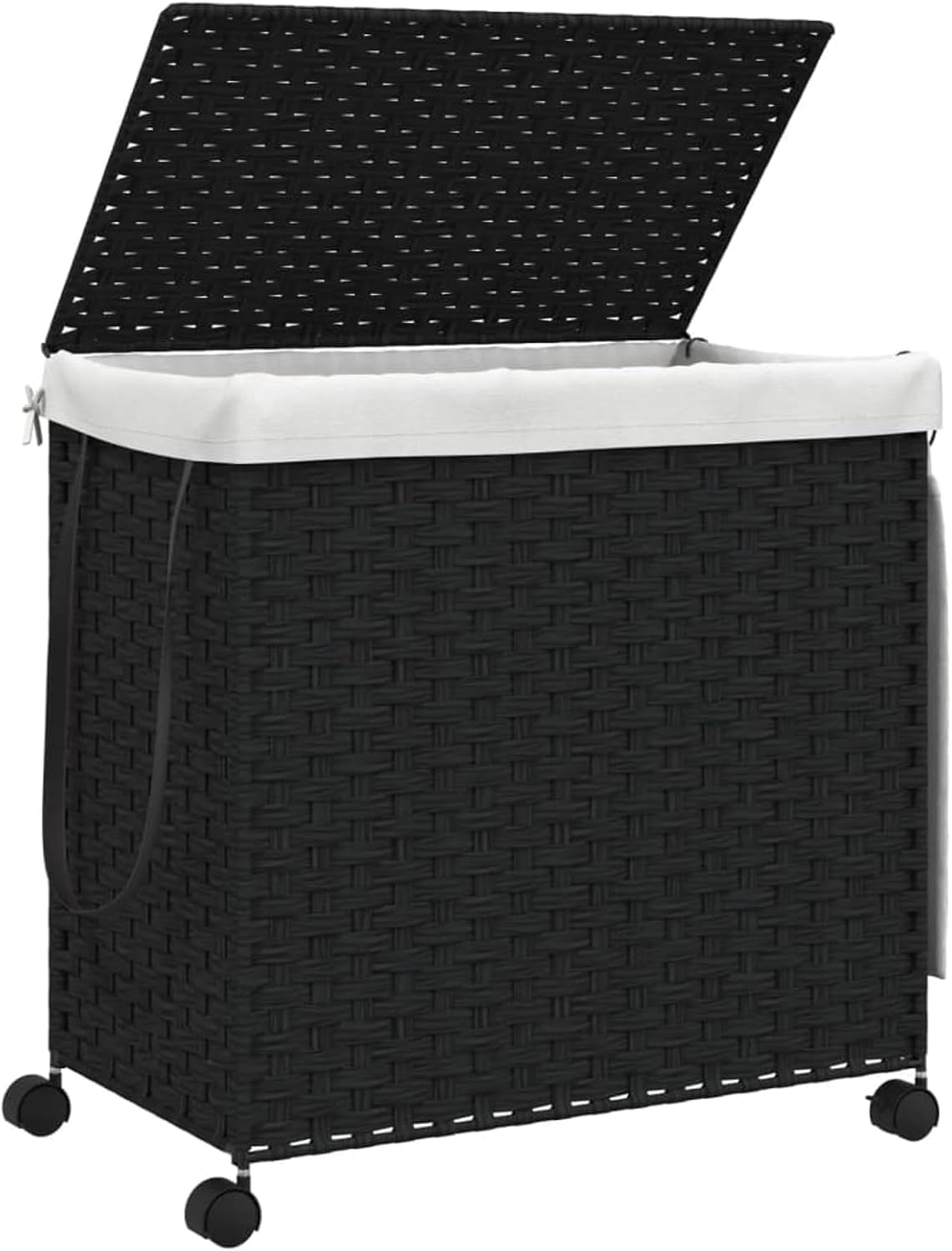 Gecheer Laundry Basket with Wheels, Black, 60 x 35 x 60.5 cm, Rattan, Laundry Basket, Laundry Basket, Laundry Basket for Baby Clothing, Bed Linen Shoes, 372042 - QUORE