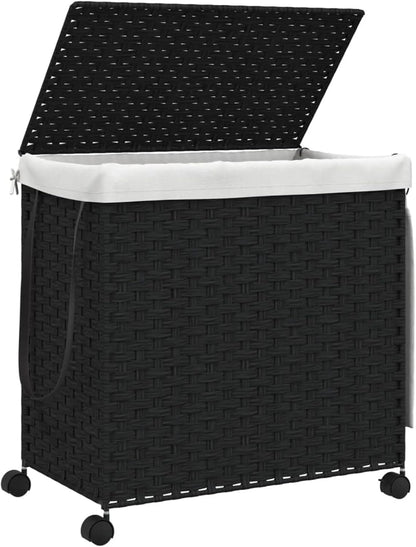 Gecheer Laundry Basket with Wheels, Black, 60 x 35 x 60.5 cm, Rattan, Laundry Basket, Laundry Basket, Laundry Basket for Baby Clothing, Bed Linen Shoes, 372042 - QUORE