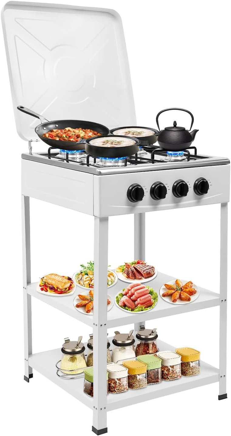 OUKANING 4-Flame Gas Stove Freestanding, Portable Outdoor / Indoor Gas Hob with Wind Protection and Dust Protection, Manual Flammable (Lpg/Ng), Non-Slip Feet and Heat Dissipation (White) - QUORE