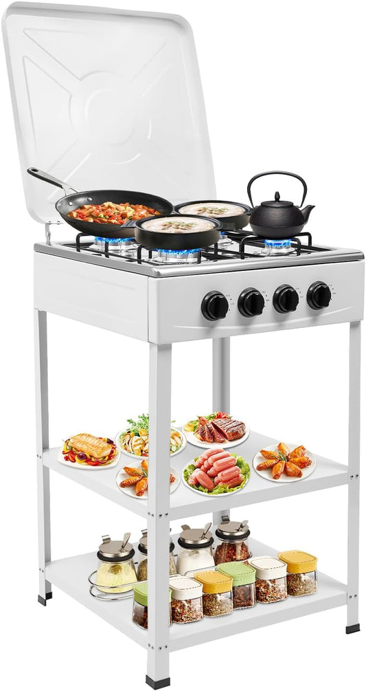 OUKANING 4-Flame Gas Stove Freestanding, Portable Outdoor / Indoor Gas Hob with Wind Protection and Dust Protection, Manual Flammable (Lpg/Ng), Non-Slip Feet and Heat Dissipation (White) - QUORE